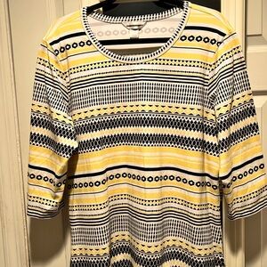 C.J. Banks XL Yellow & Black Geometric & Stripe Tunic With 3/4 Sleeves. EUC.